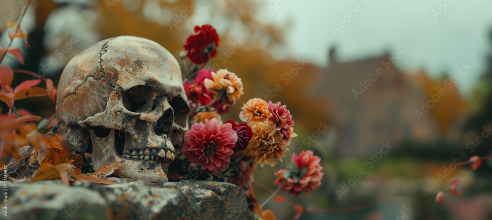 skull next to beautiful flowers with copy space