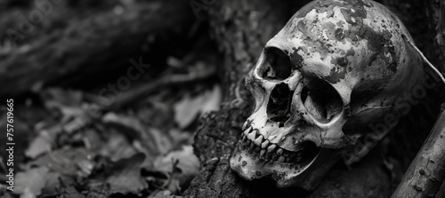 human skull on the roots of an old tree with copy space