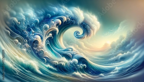 Digital Art Depicting a Surreal Wave with Swirls and Clouds © SpiralStone