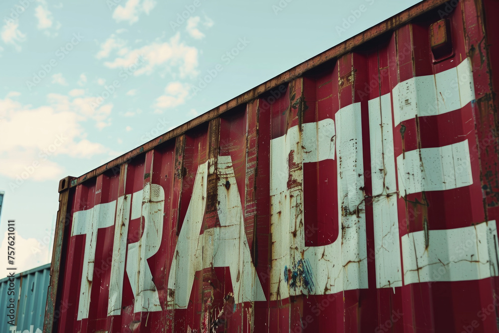 The word Trade on the side of a global shipping container. Business and trade concept