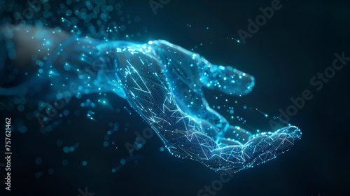Digital hand hologram on dark background with copy space. Neural network connection. Communication with artificial intelligence. Digital hand hologram on dark background with copy space, Generative Ai