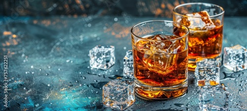 Whiskey glass with ice cubes on simple background, providing ample space for text placement