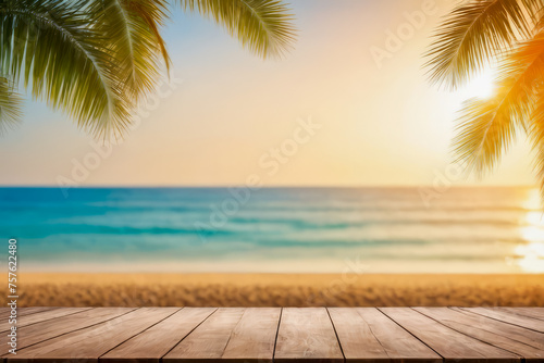 beach with wooden floor and coconut tree