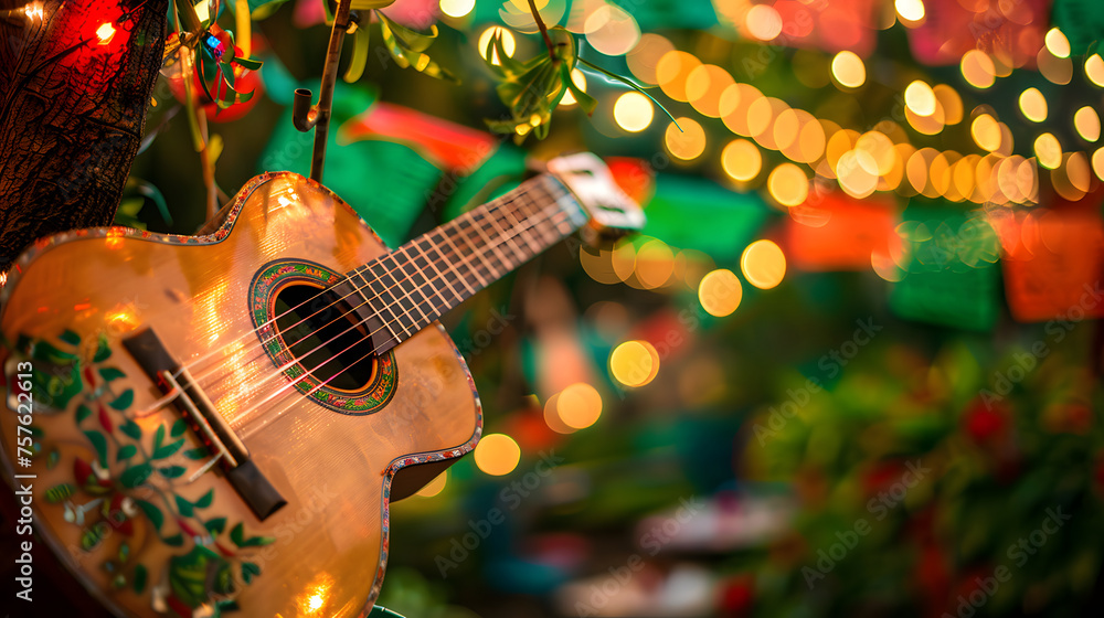 A beautifully decorated guitar leans against a tree, its intricate designs catching the soft glow of multicolored festival lights in the background, creating a festive atmosphere.Cinco de mayo concept
