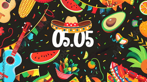 A festive and colorful collection of Cinco de Mayo celebration elements including a sombrero, guitar, and avocados, interspersed with slices of watermelon and oranges, all set against a dark backdrop