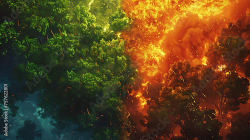This image portrays a stark contrast between two halves: one vibrant and green, the other consumed by flames. photo