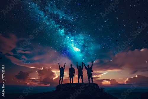 A group of people standing at the top of a mountain, gazing at the starry sky above them. Generative AI
