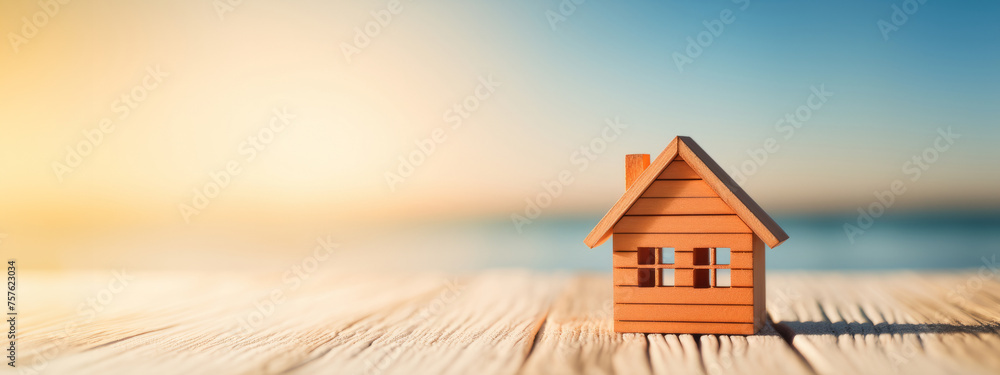 Dream home concept. Miniature wooden house model on seashore at sunrise with sky background, exuding tranquility and dreams of coastal living. Real estate investment and vacation home marketing - obrazy, fototapety, plakaty 