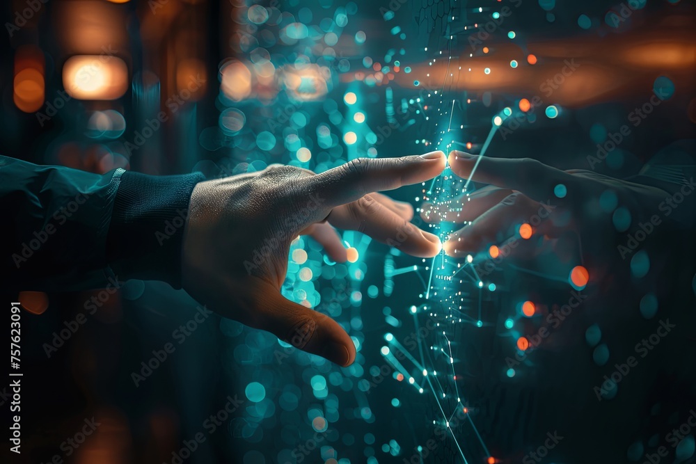 Two hands, touching each other gently against a dark background, a symbol of connection in the shadows. Generative AI Two hands, touching each other gently against a dark background, a symbol of connection in the shadows. Generative AI