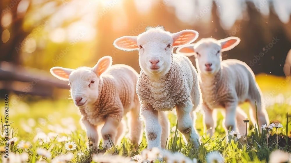 Young lamb in daisy field serene nature scene with farm animal, ideal for text placement Young lamb in daisy field serene nature scene with farm animal, ideal for text placement