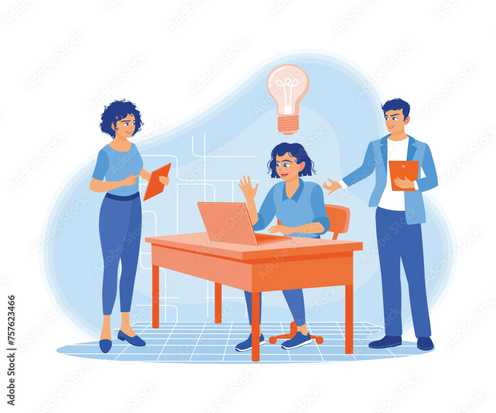 Business people are discussing inside the office. Looking for new ideas towards success. Business Idea concept. Flat vector illustration.