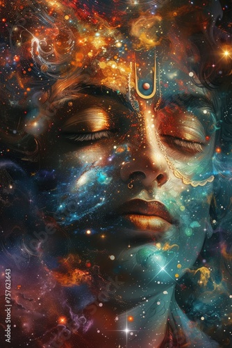 Lord Krishna merged with cosmic elements  galaxies and stars illuminating his serene countenance  symbolizing the divine connection to the cosmos in Hindu belief                
