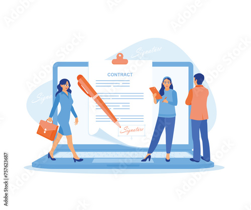 Businessmen and women using laptops and tablets sign contracts with electronic signatures. Contract agreement concept.