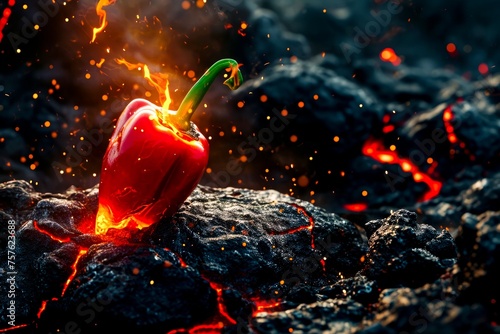 A bright image of a red bell pepper encased in a lava texture symbolizes the piquancy and sharpness of the taste.