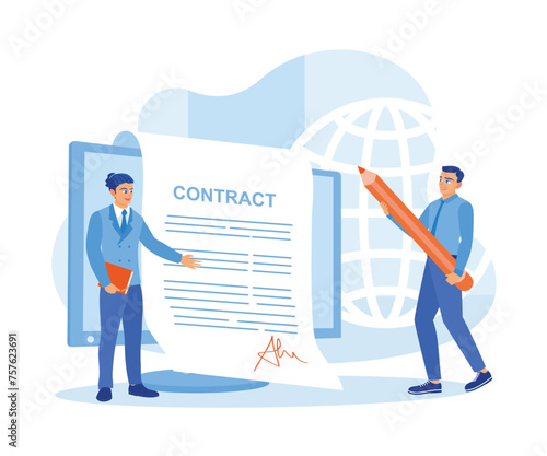 Business people and business partners sign contracts online on the computer. Contract agreement concept. Flat vector illustration.