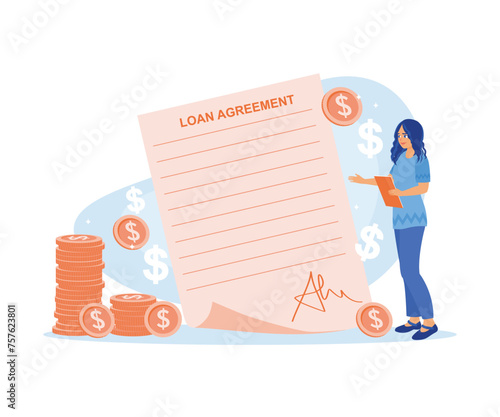 Woman holding loan agreement from the bank. Sign the loan agreement. Approved Loan concept. Flat vector illustration.