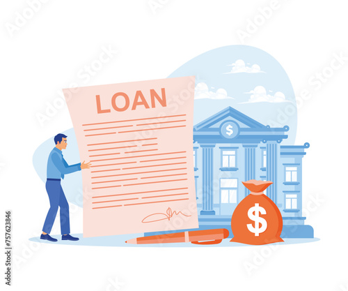 The entrepreneur holds a loan agreement letter from the bank, which the bank officer has approved. Approved Loan concept. Flat vector illustration.