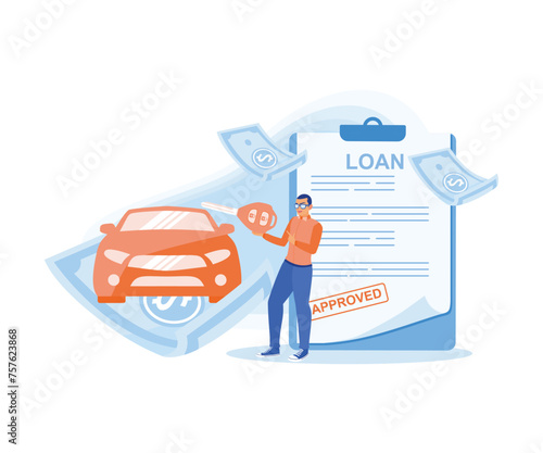Man rejoices at bank approval for loan money to buy a car. Approved Loan concept. Flat vector illustration.