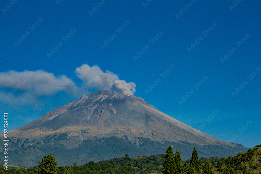 View of the Popocatepetl Volcano in the State of Mexico, Mexico. Volcano fumarole. Active volcano. 