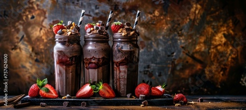 Professional food photography of gourmet chocolate and strawberry milkshakes for enticing visuals