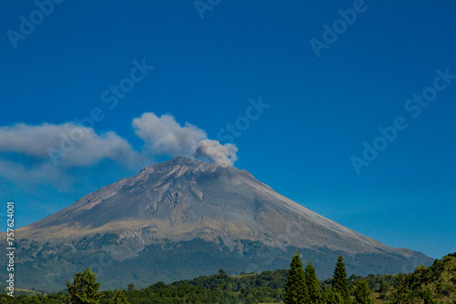 View of the Popocatepetl Volcano in the State of Mexico, Mexico. Volcano fumarole. Active volcano. 