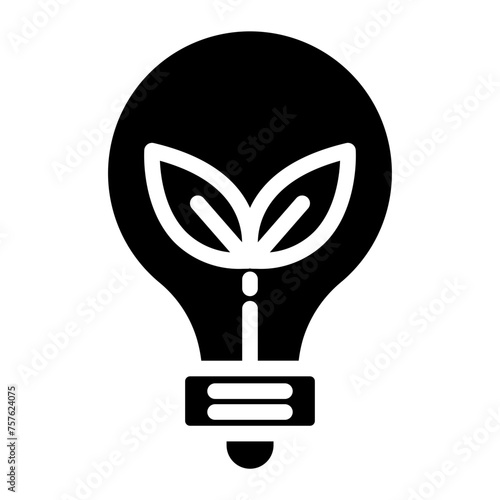 Sustainable ecological energy icon. Shining electric ecology light bulb with leaf inside. Go green lamp tube silhouette. 