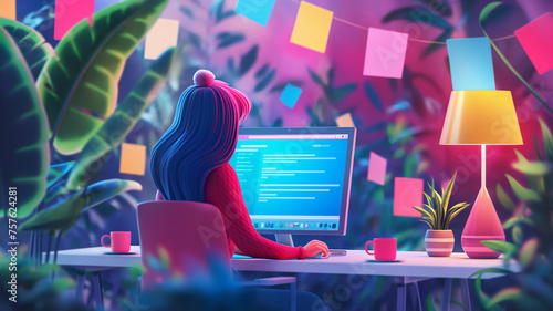 A stylized character with red hair works on a computer in a vibrant, plant-filled room, with sticky notes and soft lighting. photo