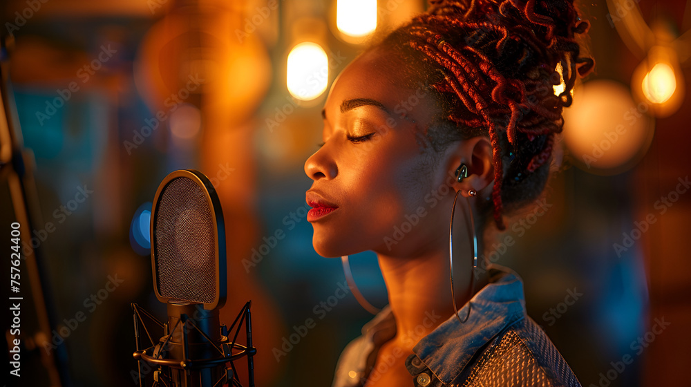 R&B Singer Female African-American Young Adult Recording vocals for upcoming album, singing R&B and soul music, Generative AI  - obrazy, fototapety, plakaty 