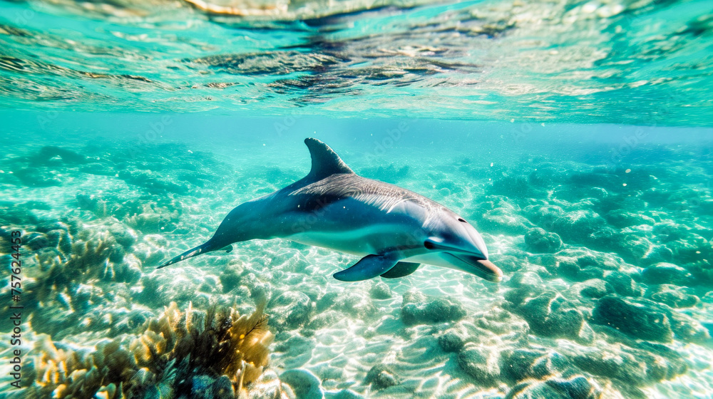 Obraz premium A dolphin glides with effortless elegance in clear turquoise waters over a coral reef, capturing the serene beauty of marine life.