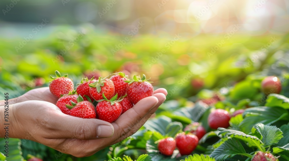 Fresh strawberries held in hand with selection on blurred background, copy space available Fresh strawberries held in hand with selection on blurred background, copy space available