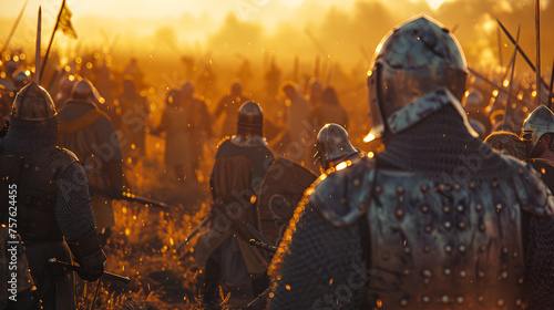 sun setting an epic reenactment of a medieval, cinematic recreations of the Dark Ages combat with the opponent. Generative Ai  © Xpert