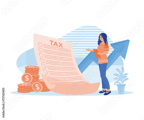  Tax inspection vector illustration. A woman stands in front of tax documents, checking taxable income. Tax payment preparation. Tax Audit concept. Flat vector illustration.
