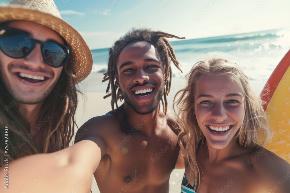 Surfing friends smiling on the beach.