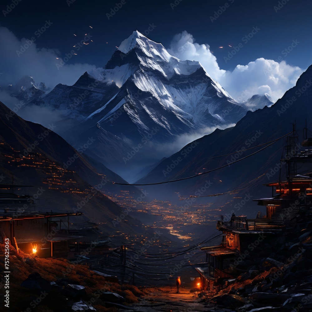 Serene painting capturing majestic mountain with pagoda in background, exuding sense of peace, tranquility. Wall art for home decor, especially in room with calming ambiance, travel brochures.