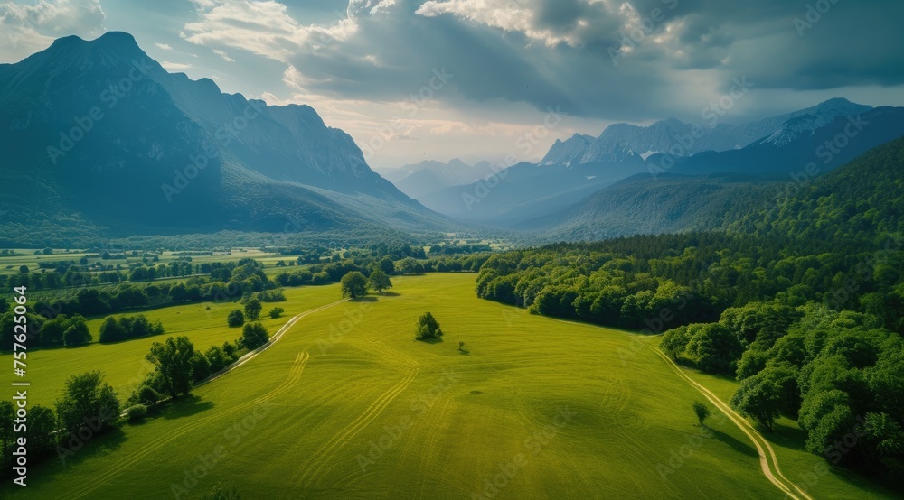 Aerial view of lush green fields and mountains, captured in the style of Slovenian paintings, with hints of transportcore and rustic charm 🌿🏞️🎨