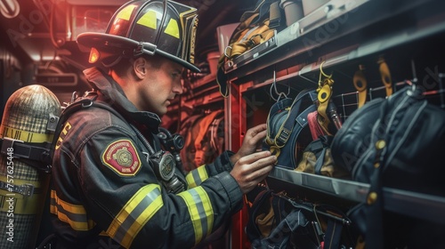 A firefighter meticulously inspects firefighting equipment, showcasing professionalism and preparedness 🔥👨‍🚒🔧