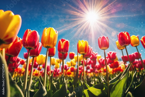 Tulip garden landscape. May floral bloom. Sunny flower field. Nature color. Spring season background. Green grass beauty. Light day park Bright sun blue sky. Fresh plant bulb grow. April leaf close up