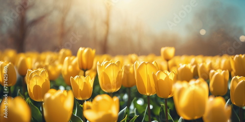 Spring season background. May floral bloom. Sunny flower field. Tulip garden landscape. Nature color. Green grass beauty. Light day park April leaf close up Bright sun blue sky. Fresh plant bulb grow.