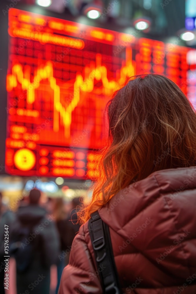 Obraz premium A woman stands before a Bitcoin halving results board, portraying anticipation and the impact on the cryptocurrency market 📊🪙👩‍💼
