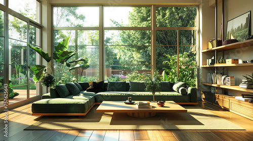 This captivating image depicts a modern living room, bathed in natural light from the large windows that span one wall.