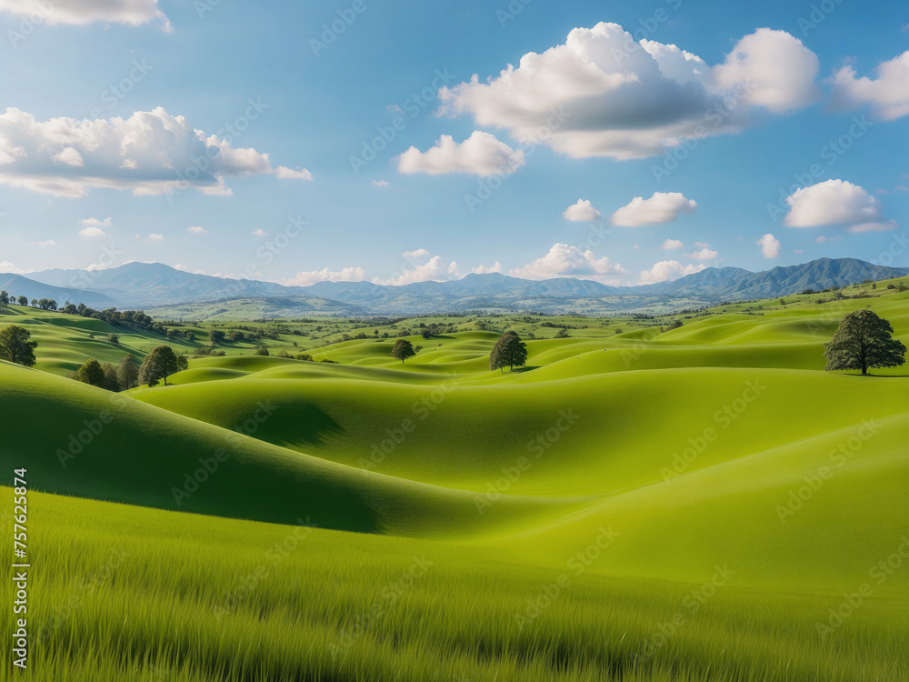 Tranquil meadow landscape under blue sky, landscape with grass and sky. Generative ai