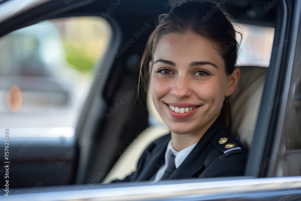 Limousine chauffeur, elegant uniformed working woman leaning out of the window of a luxury vehicle with a young smile with copy space