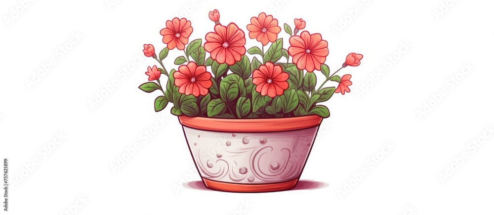 A houseplant with red flowers and green leaves in a flowerpot, set against a white background. This creative arts piece showcases the beauty of a terrestrial plant with herbaceous characteristics
