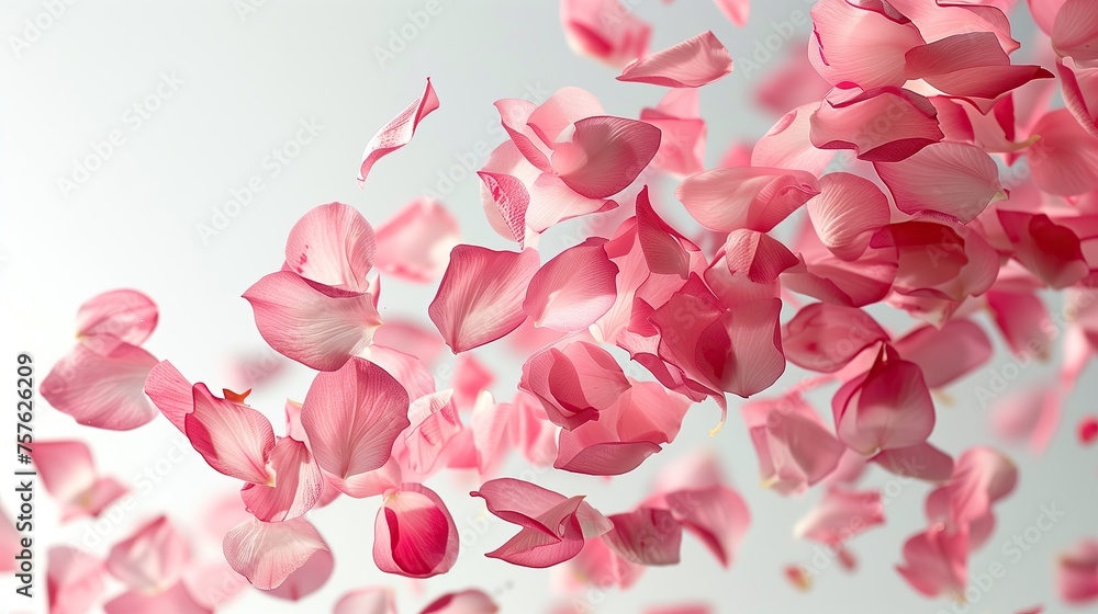 pink rose petals isolated on white background with copy space.