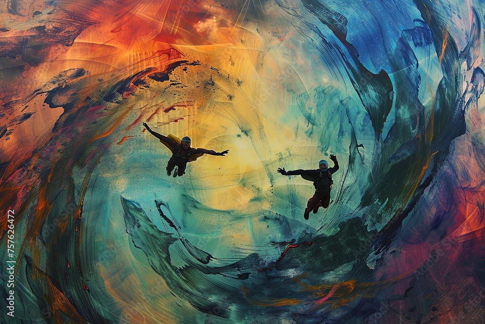 A painting showing two people skydiving through a sky filled with clouds. Generative AI