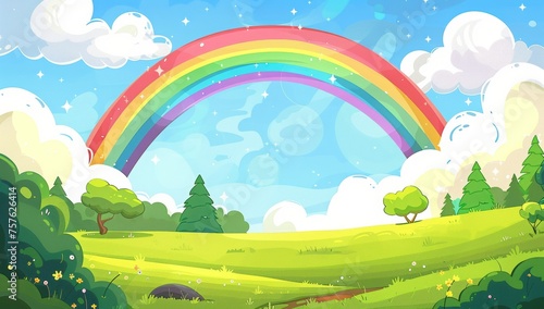 Cute Cartoon Rainbow in the Sky Over Green Grass in Countryside