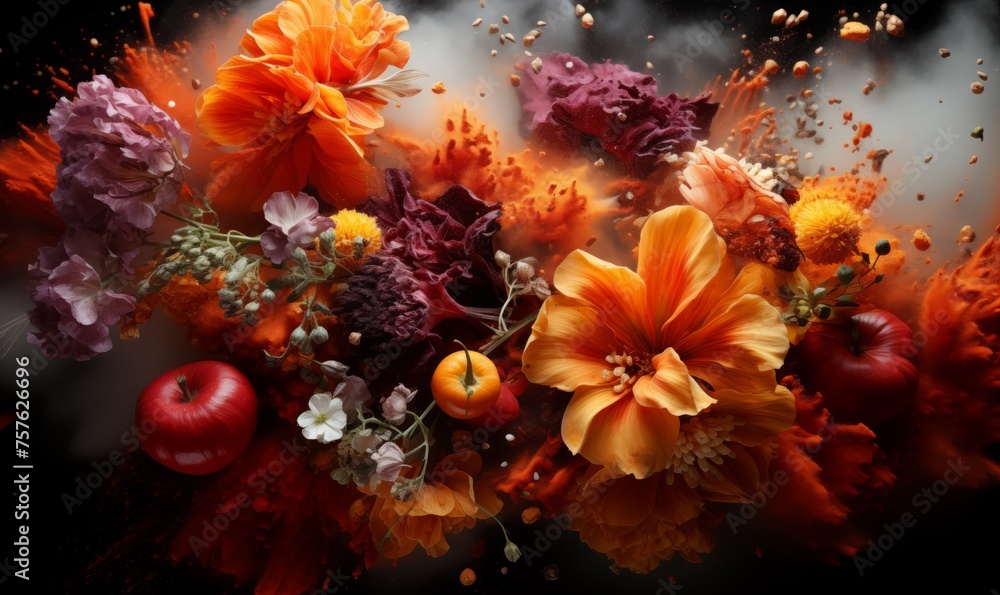 Colorful various flower and paints. Mix flower explosion, top view