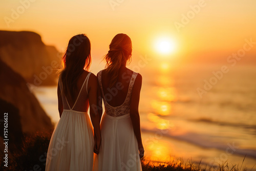 Back view of two women in white dresses gazing at the sunset by the sea