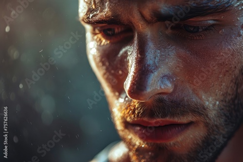Close-up of man's face with water droplets on skin