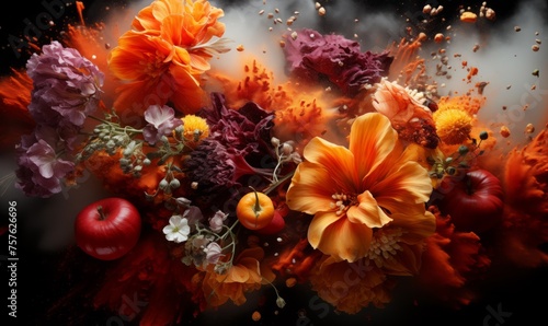 Colorful various flower and paints. Mix flower explosion, top view © Andreas